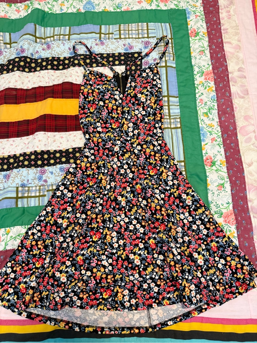 No Boundaries Black Floral Mini Dress with Red, Yellow & White Accents